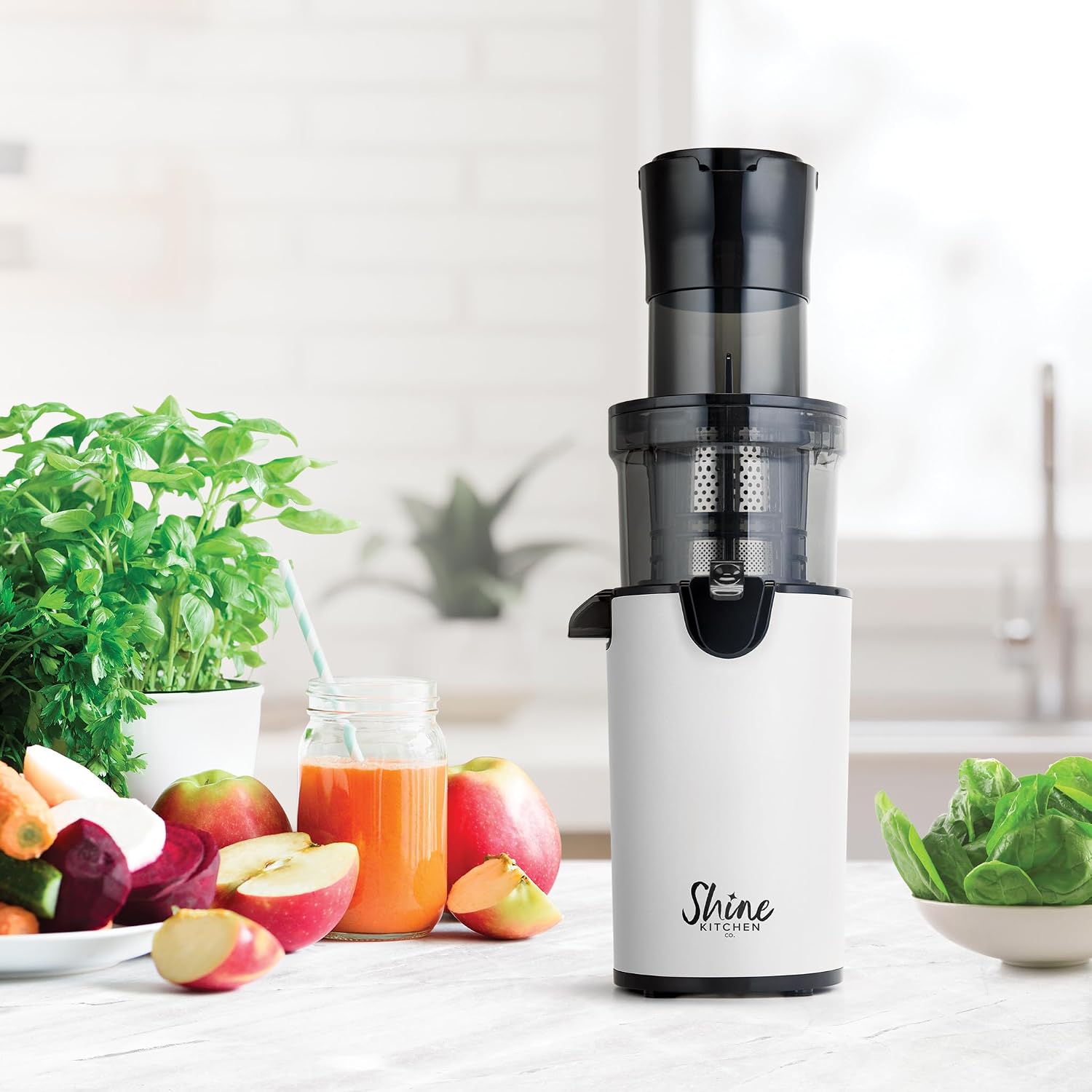 Shine Kitchen Co. SJX-1 Easy Cold Press Juicer with XL Feed Chute and Compact Body (White)
