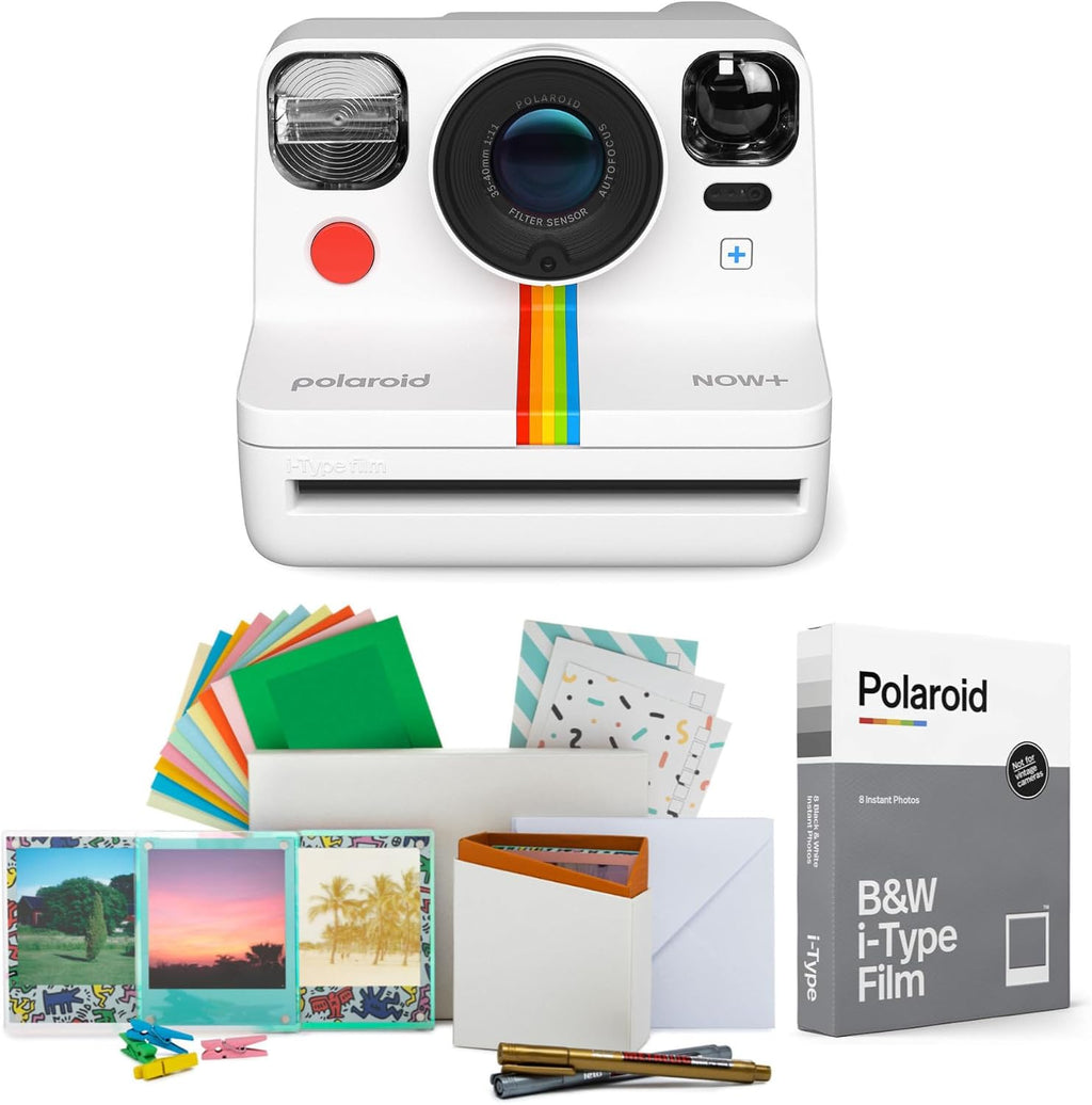 Polaroid Now 2nd Generation I-Type Instant Film Camera (White), Shoot and Print Bundle with Magnetic/Hanging Photo Frames and Black & White Film Instant Film (8 Exposures) (3 Items)
