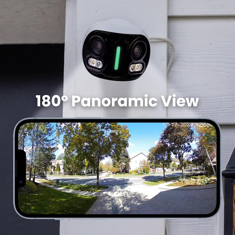 Lorex 4K 8MP IP Wired Dual-Lens Add-On Outdoor Security Camera | Smart Security Lighting | Motion Detection | 180° Panoramic View | Auto Framing | Color Night Vision | 2-Way Talk | Requires Recorder
