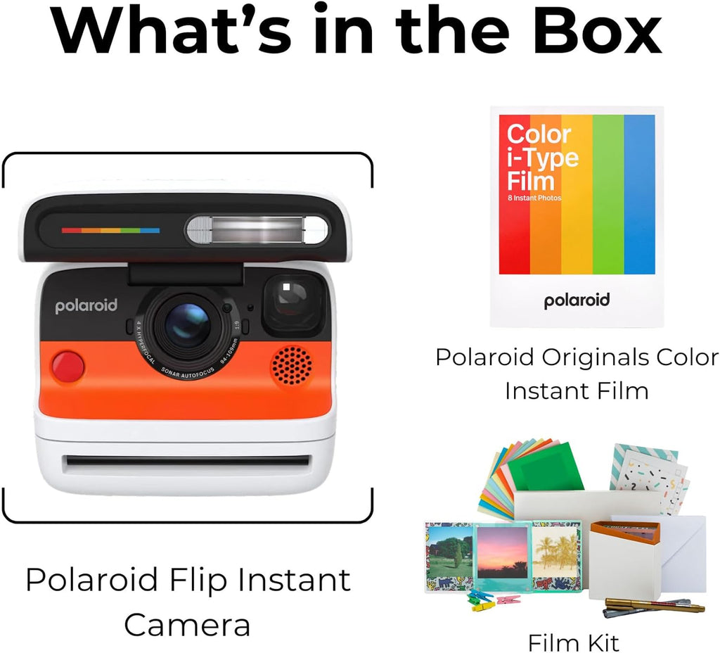 Polaroid Flip Instant Camera with Sonar Autofocus, Retro Design (White) Bundle with Color Film and Film Kit (3 Items)