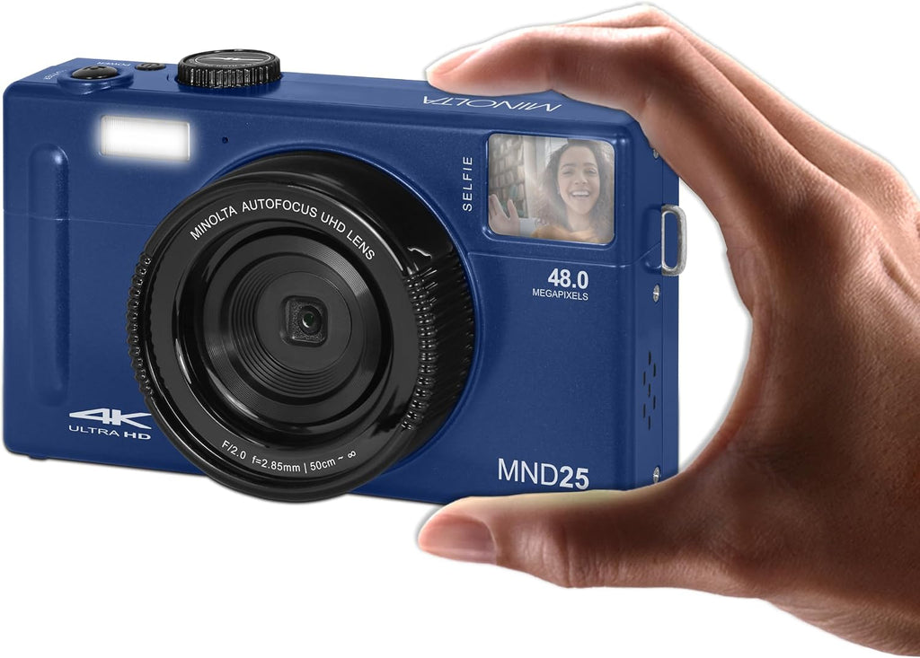 Minolta 48MP Autofocus Digital Camera with Selfie Mirror – 4K Ultra HD Video, 16x Digital Zoom, 3.0' LCD, Face Detection, Smile Capture, Scene Modes, Rechargeable Battery, Memory Card (Blue)