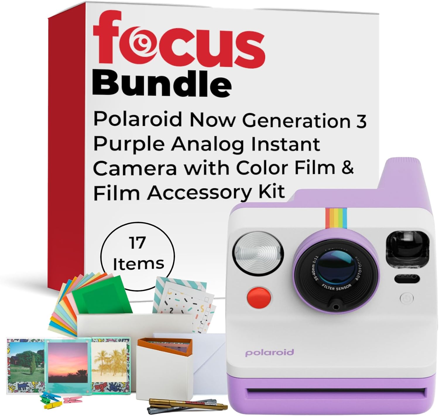 Polaroid Now Generation 3 Purple Analog Instant Camera Bundle with Film and Accessories - Two-Lens AF System and Manual Mode and Built-in Tripod Mount (17 Items)