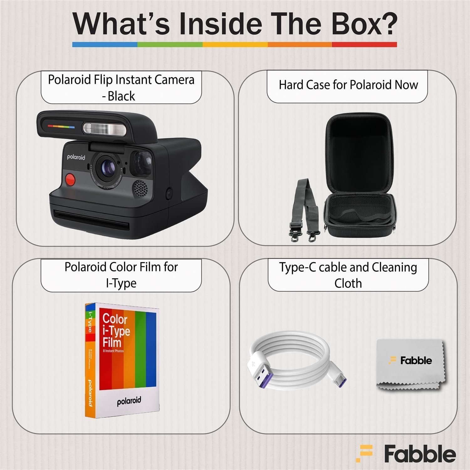 Polaroid Flip Instant Camera Black Bundle with Color i-Type Film (8 Photos), Hard Protective Case, 6ft USB Type-C Cable, and Grey Microfiber Cleaning Cloth