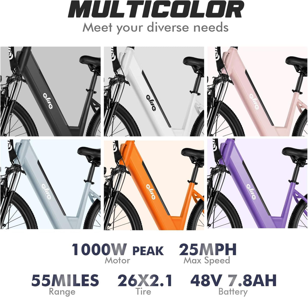 Qlife Cityone Electric Bike for Adults & Teens, Step-Through Commuter Ebike, 1000W Peak Motor, 55-Mile Range, 48V Removable Battery, 26-Inch City Tires, 7-Speed, Up to 25 MPH