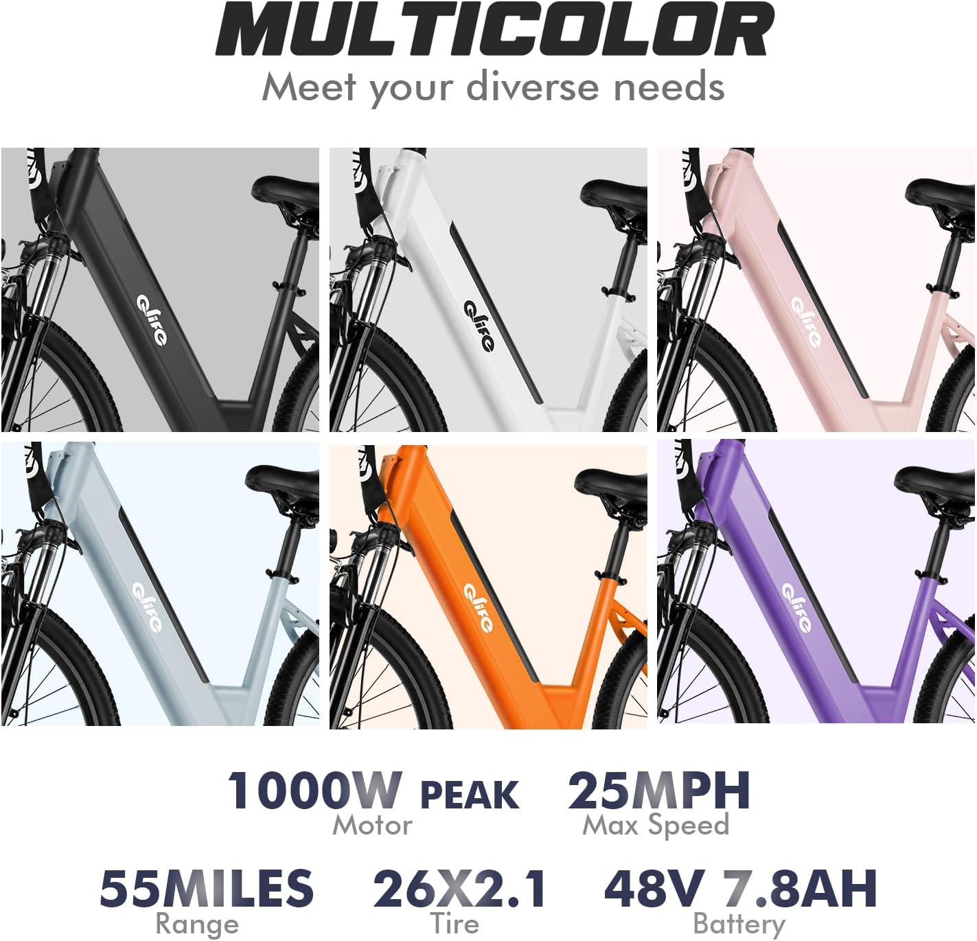 Qlife Cityone Electric Bike for Adults & Teens, Step-Through Commuter Ebike, 1000W Peak Motor, 55-Mile Range, 48V Removable Battery, 26-Inch City Tires, 7-Speed, Up to 25 MPH