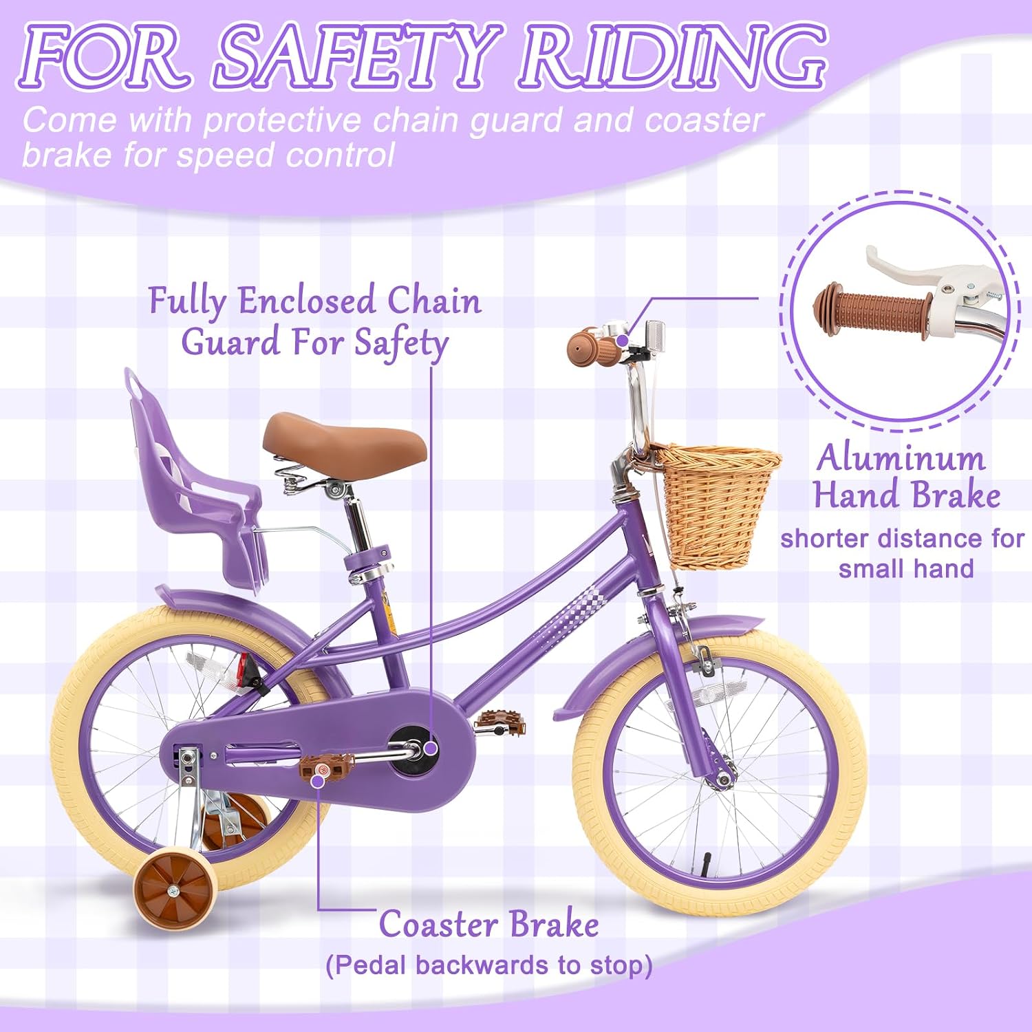 Glaf Toddler Girls Bike 12 14 16 20 Inch Girls Bike with Training Wheels Age 2-12 Years Old Bicycle Kids Bike with Basket and Doll Seat Adjustable Seat