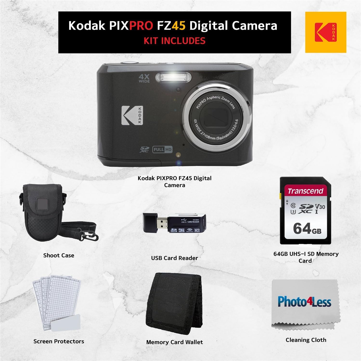 Kodak PIXPRO FZ45 Digital Camera Bundle with Black Point & Shoot Camera Case + Transcend 64GB SD Memory Card + Tri-fold Memory Card Wallet + Hi-Speed SD USB Card Reader + More (Black)