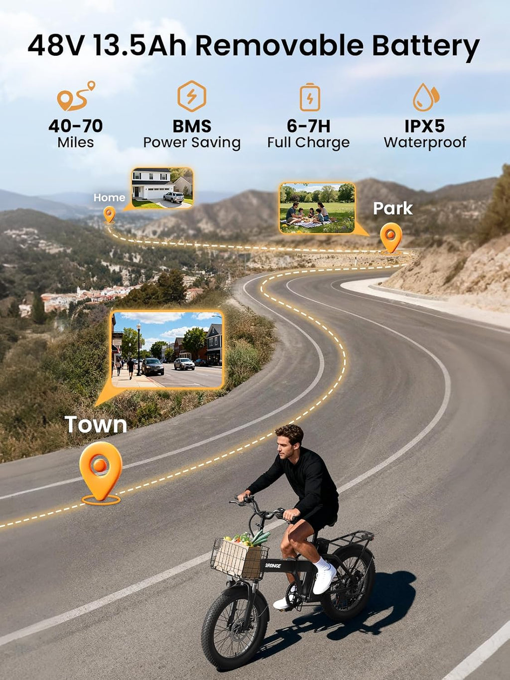 QRONGE Folding Electric Bike, E-Bike Foldable 1000W Peak, 48V 13.5AH Removable Battery Ebike, 20' Fat Tire, 70 Max Miles Range, 28maxMPH, Electric Bike for Adults, Adult Electric Bicycles for Commute