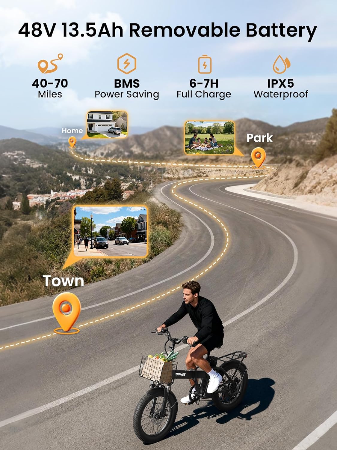 QRONGE Folding Electric Bike, E-Bike Foldable 1000W Peak, 48V 13.5AH Removable Battery Ebike, 20' Fat Tire, 70 Max Miles Range, 28maxMPH, Electric Bike for Adults, Adult Electric Bicycles for Commute
