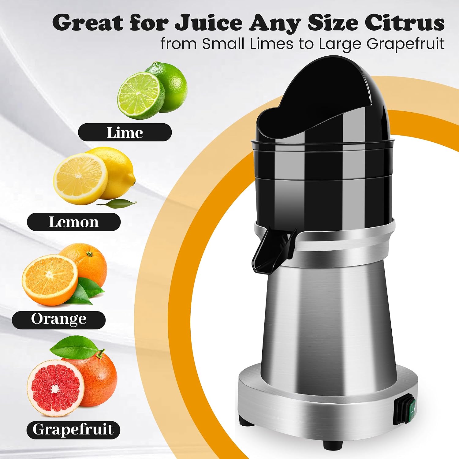 YUANHAO Commercial Electric Citrus Juicer Machine, 120V 1400 RPM with 3 Reamers & Splash Guard, Stainless Steel Automatic Orange/Lemon/Grapefruit Juicer for Bars, Restaurants, Home Use