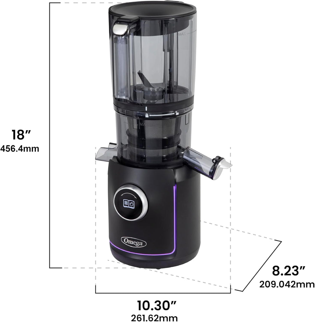 Omega Ultimate Performance Slow Masticating Batch Juicer with Intellidial Technology Cold Press Vegetable and Fruit Juice Extractor with 64-Ounce Hopper and 4 Juice Shot Glasses, 200-Watts, Black