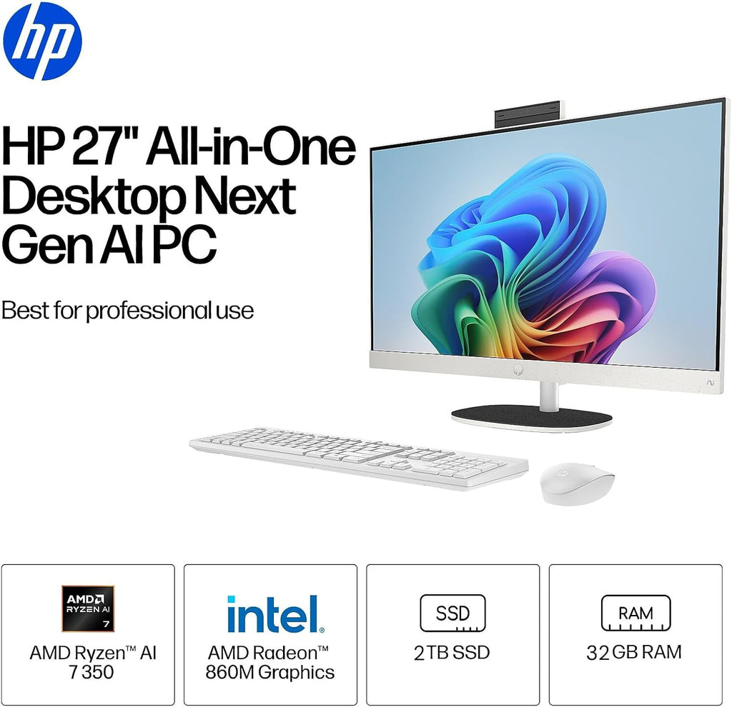 HP 27' All-in-One Touchscreen Desktop Computer, Next Gen AI PC, AMD Ryzen AI 7 350 (8-Core), 32GB DDR5, 2TB SSD, Webcam, Wi-Fi 6, Bluetooth 5.4, Wireless Keyboard & Mouse, Windows 11 Pro, Accessories