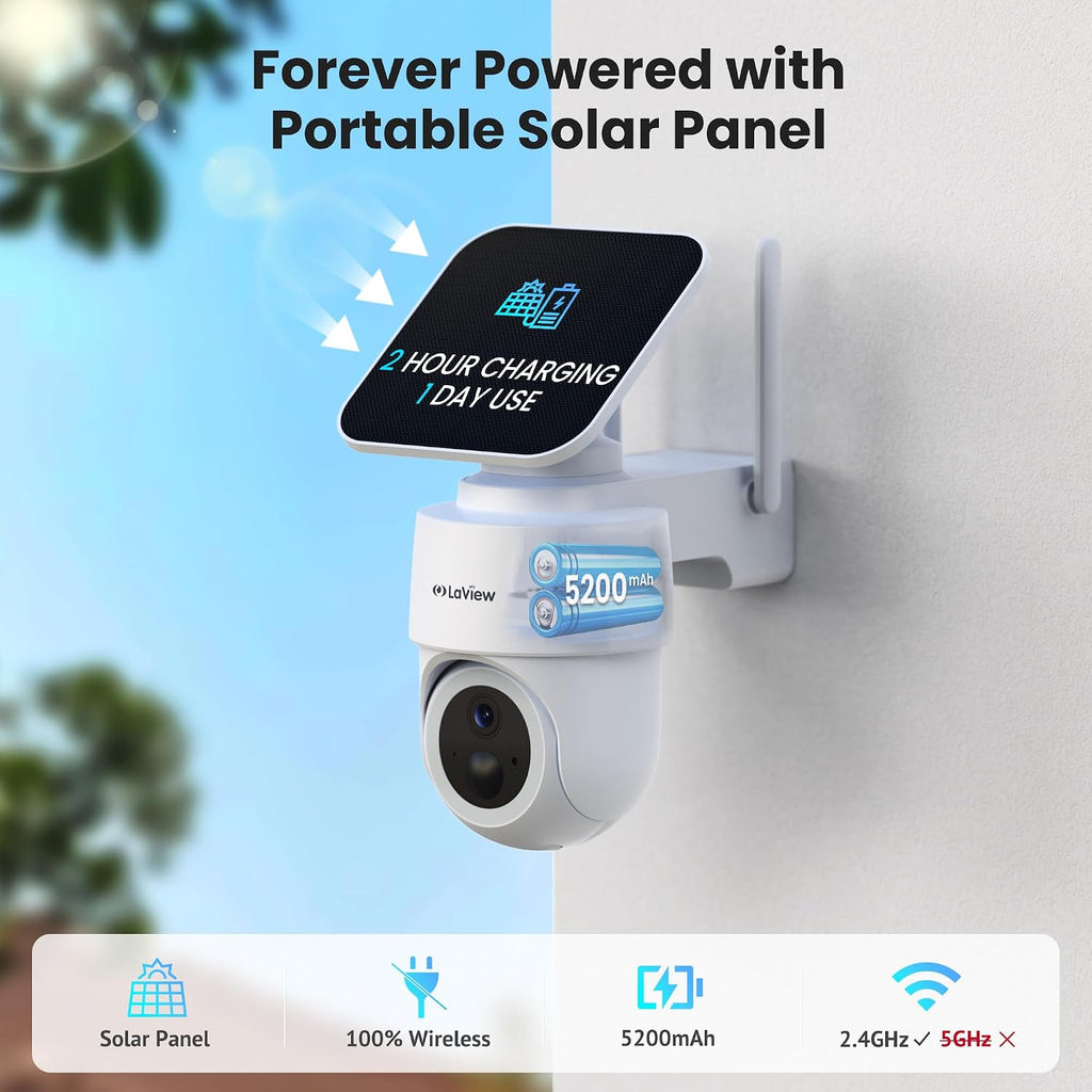 LaView 2K 3MP Solar Security Cameras Wireless Outdoor, Cameras for Home Security, 360° Pan & Tilt Rechargeable Battery Outdoor Camera, IP65, Color Night Vision, Two-Way Audio, Work with Alexa(2 Pack)