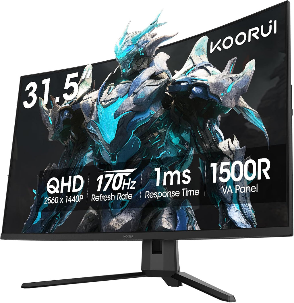 KOORUI 32 inch Curved Gaming Monitor, QHD (2560 x 1440) 2K 170Hz 144Hz Monitor, 1ms 1500R Display, 90% DCI-P3, Adaptive Sync, Tilt Adjustable, VESA Compatible, DisplayPort HDMI, Black