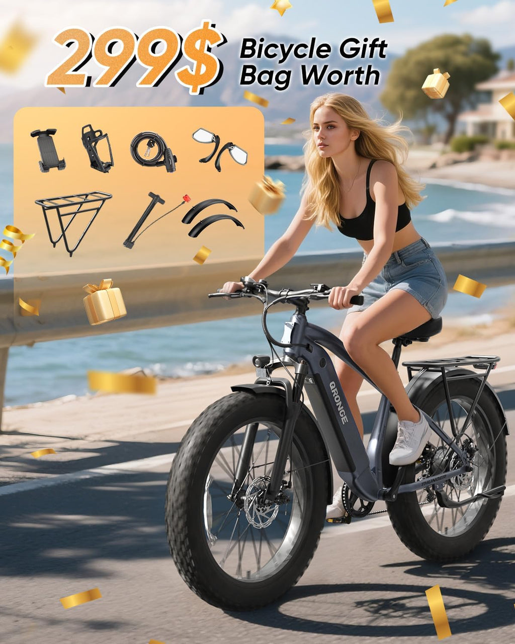 QRONGE Electric Bike for Adults 1800W Peak, 26' Fat Tire Ebike, Adult Electric Bicycles, 28MPH(PAS Mode) Electric Mountain E Bike, Up to 70 Miles, 7 Speed, Fenders, Rear Rack