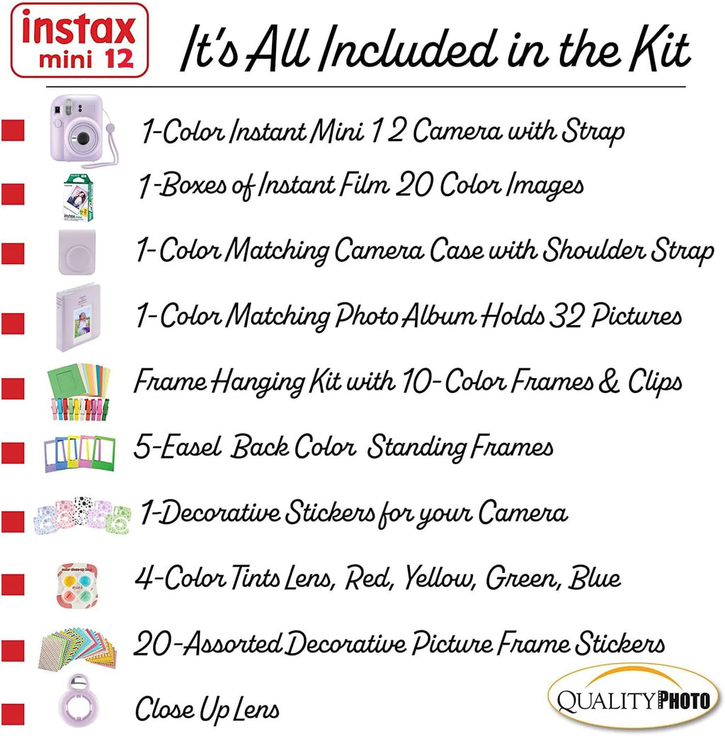 Fujifilm Instax Mini 12 Instant Camera with Case, 20 Fujifilm Prints, Decoration Stickers, Frames, Photo Album and More Accessories (Lilac Purple)