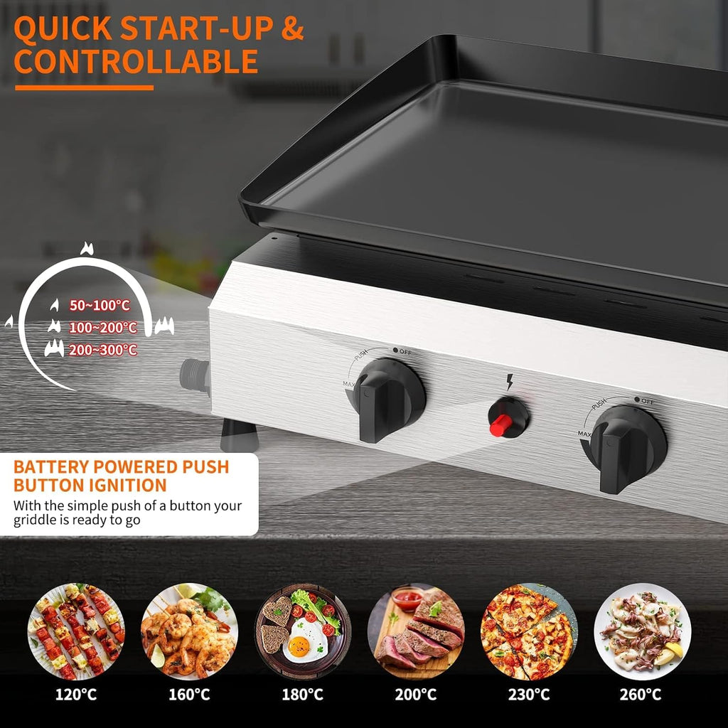 SKOK 4 Burner Gas Griddle- 30 Inch Outdoor Propane Griddle-Portable Flat Top Gas Grill Camping Griddle Station with Side Shelves for Kitchen, BBQ, Camping Tailgating