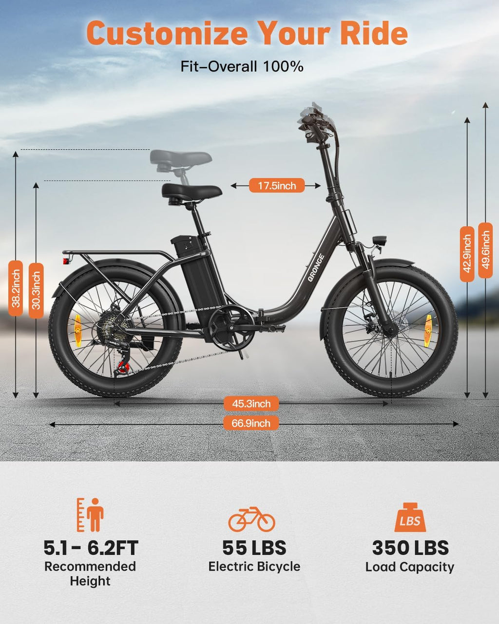 QRONGE Electric Bike, 1000W Peak Folding Electric Bike, 486Wh 70 Miles Range Ebike, 20' Step-Thru Bicycle with Front Basket, Waterproof Removable Battery, 7 Speed, 25 MPH Max