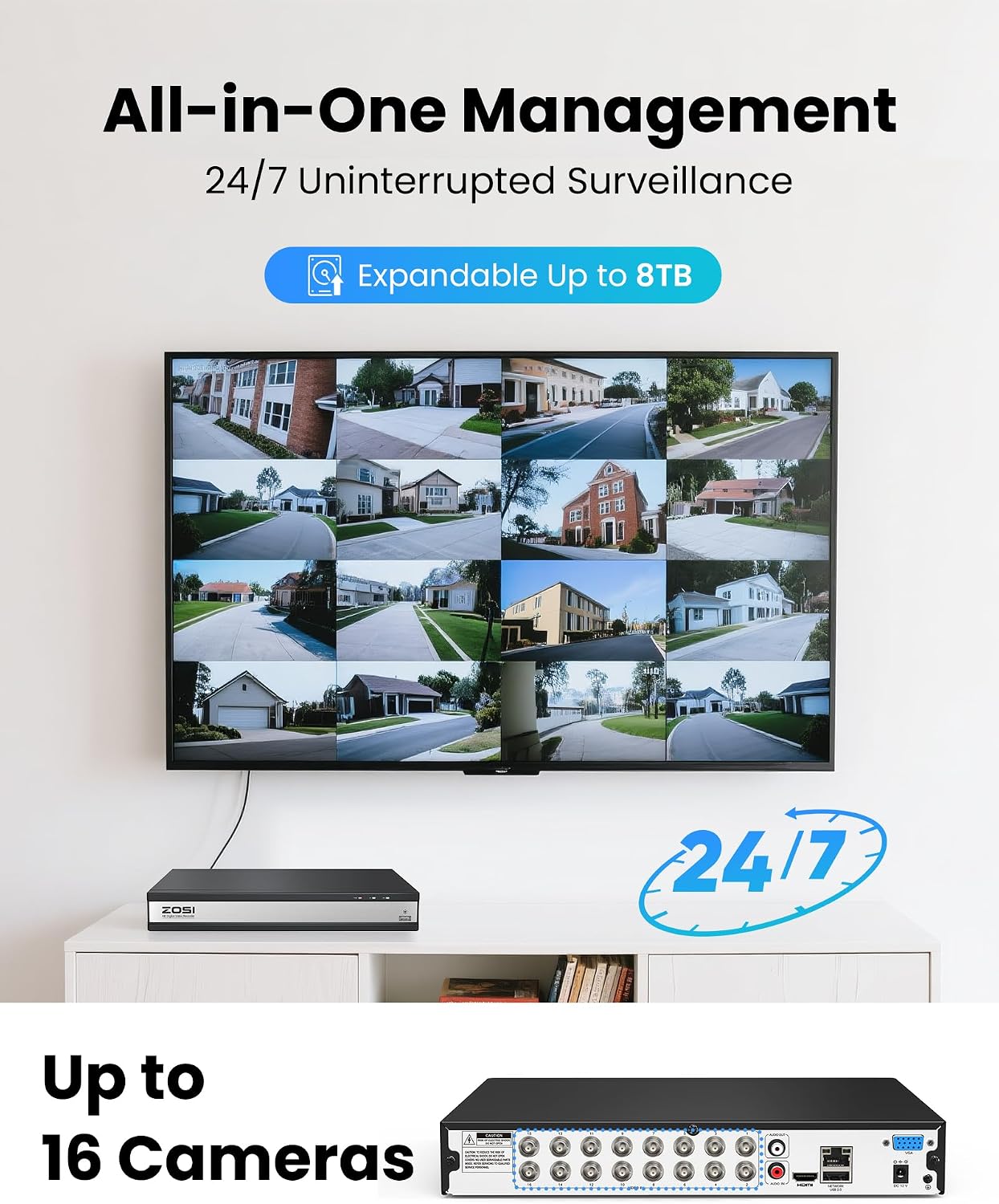 ZOSI H.265+ 1080P FHD 16 Channel DVR for Home Security Camera System with AI Human Vehicle Detection, Hybrid 4-in-1(Analog/AHD/TVI/CVI) Surveillance CCTV DVR Recorder, Remote Access, Email Alarm
