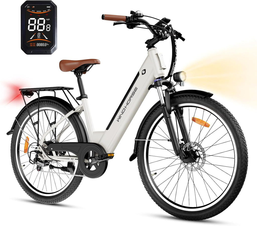 WINDHORSE 26' Electric Bike for Adults 20MPH & 30-50 Miles Range, Shimano 7-Speed, 468WH Removable Battery Commuter Ebike with 750W Peak Motor, Front Suspension, Rear Rack, Fenders, UL2849 Certified
