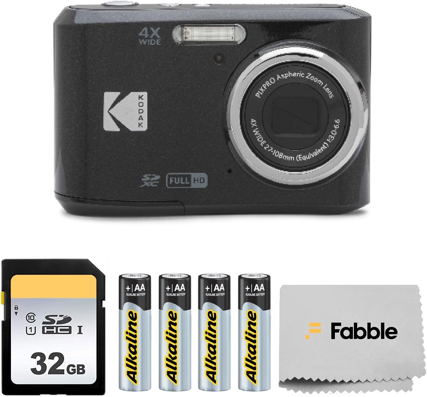 KODAK PIXPRO FZ45 16MP Digital Camera with 4X Optical Zoom 27mm Wide Angle and 2.7' LCD Screen Bundle with 32GB SD Memory Card, AA Batteries (4 Pack), Lens Cleaning Cloth (Black)