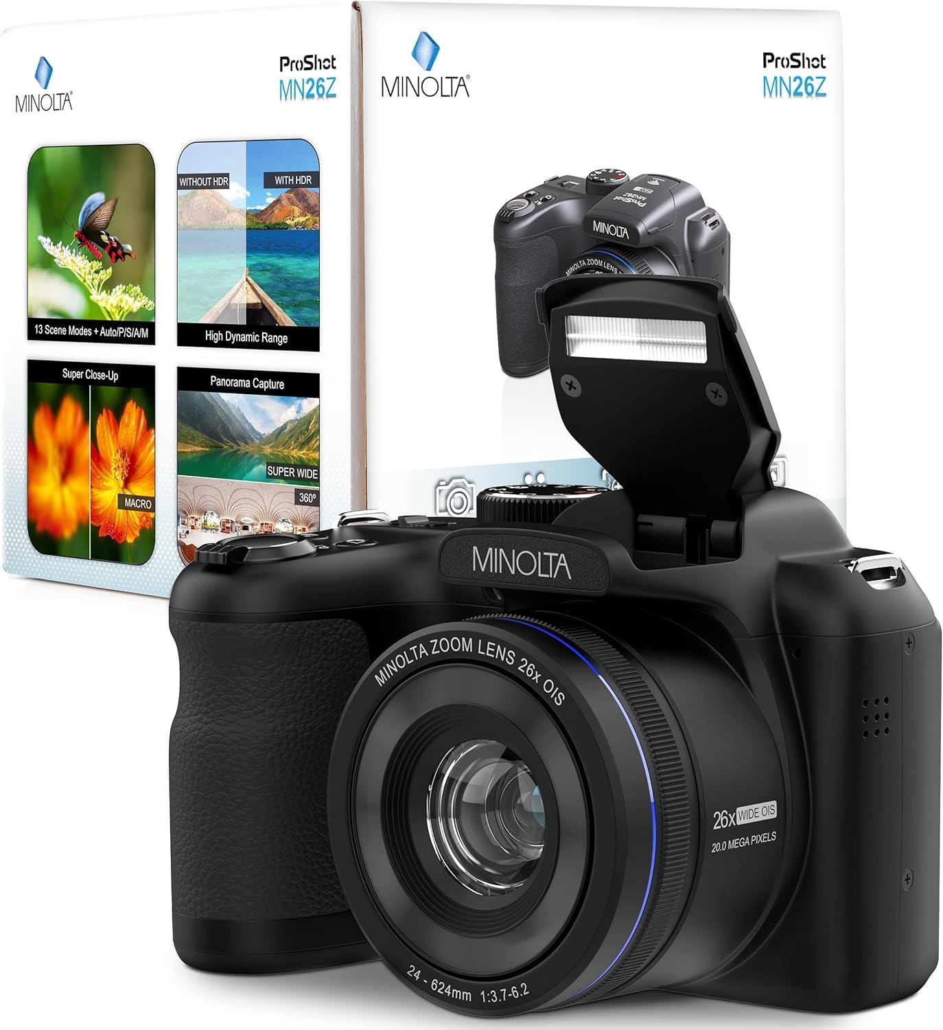 Minolta ProShot 20MP Camera – 26x Optical Zoom Lens, 1080p HD Video, WiFi, 3-inch LCD Screen, Image Stabilization, Face Detection, Scene Modes, Compact Point & Shoot, 32GB Card (Black)