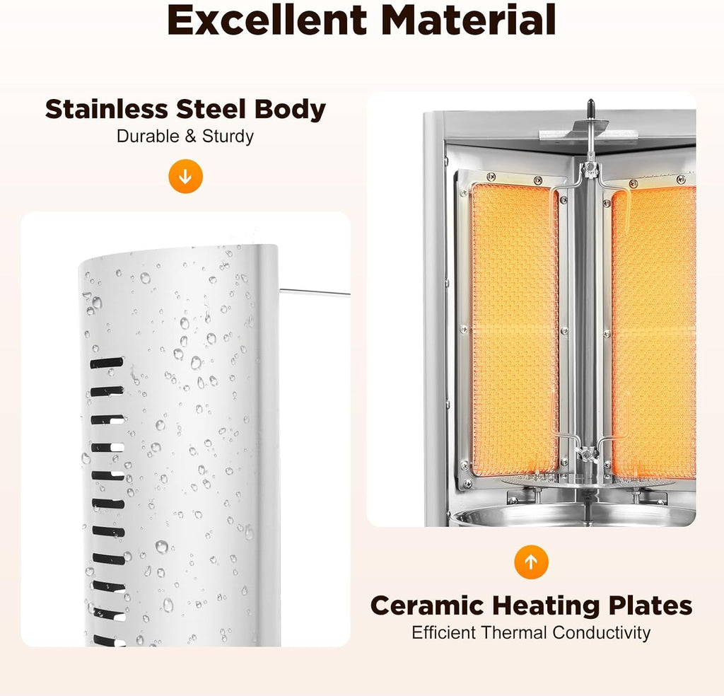 Professional Commercial Doner Kebab Machine,Automatic Rotation Vertical Broiler,Stainless Steel LPG Roasters Barbecue,Meat Catcher for Restaurant Dinner Home Kitchen Garden,3000W (LPG)