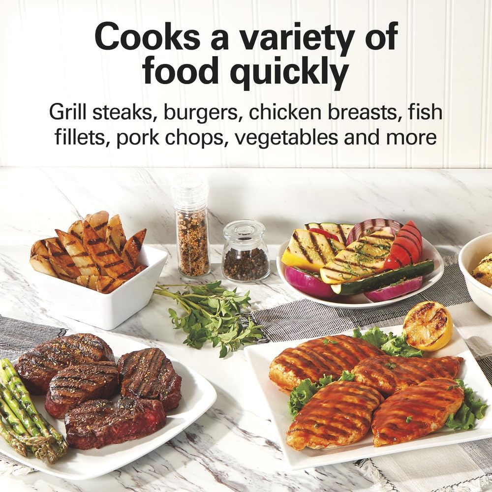 Hamilton Beach Electric Indoor Grill,6-Serving,Large 90 sq. in. Nonstick Easy Clean Plates,Floating Hinge for Thicker Foods,1200 Watts,6.38'D x 12.68'W x 13.78'H,Silver (25371),(Pack of 2)
