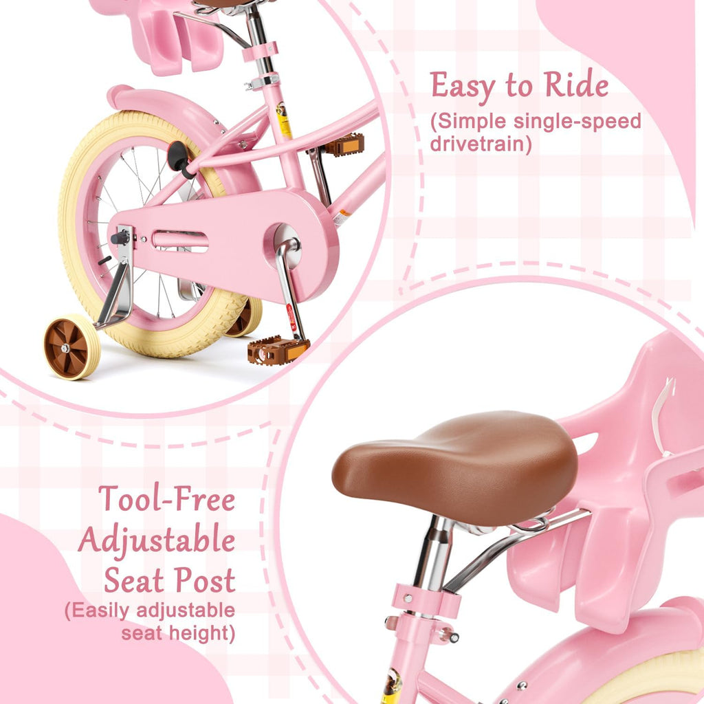 Glaf Toddler Girls Bike 12 14 16 20 Inch Girls Bike with Training Wheels Age 2-12 Years Old Bicycle Kids Bike with Basket and Doll Seat Adjustable Seat