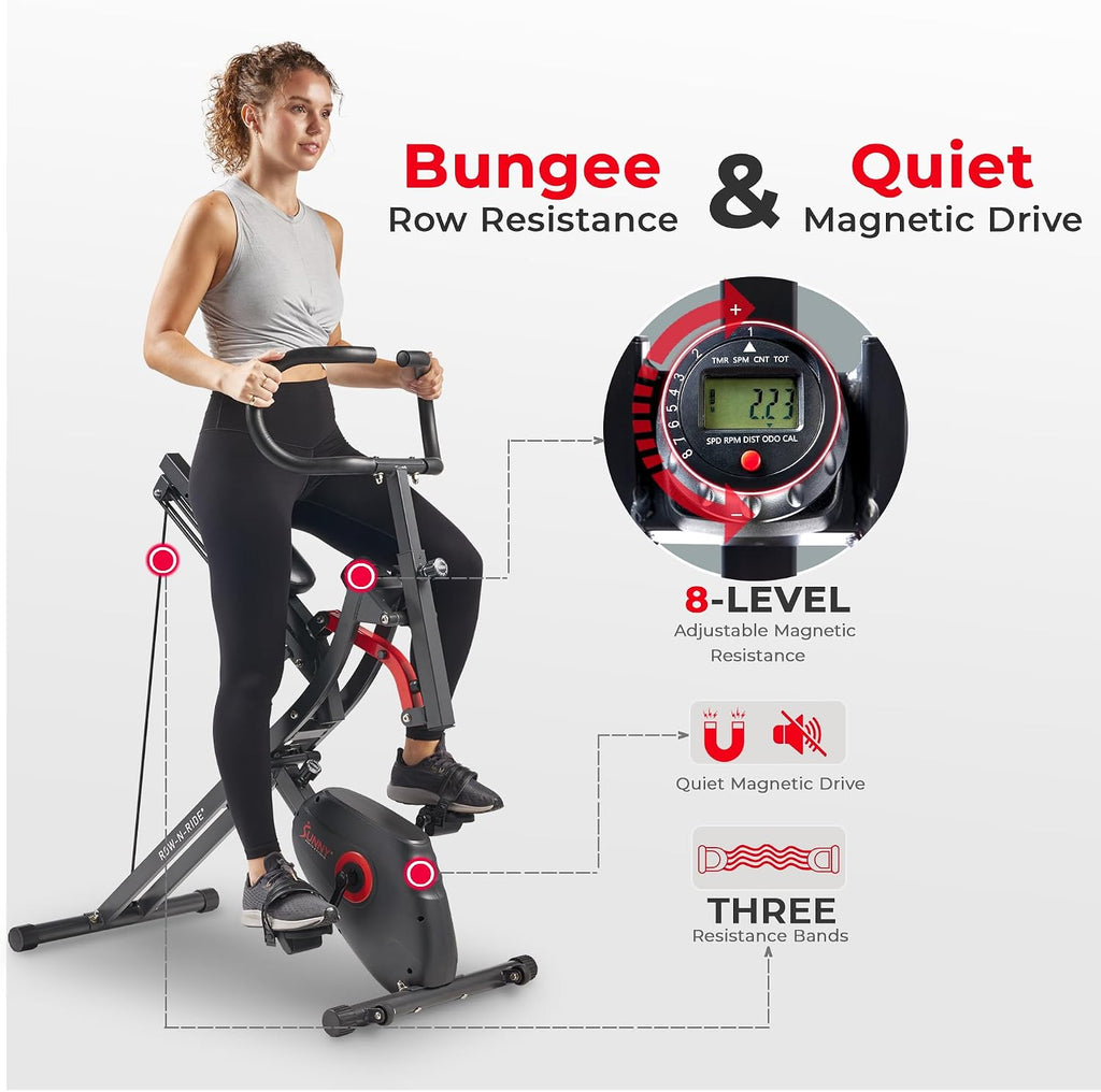 Sunny Health & Fitness Row-N-Ride PRO, Full Body Combo Squat Machine w/Optional Resistance Band, Easy Setup Ab Workout Exercise Equipment for Home, Whole Body Cardio, Optional SunnyFit App Connection
