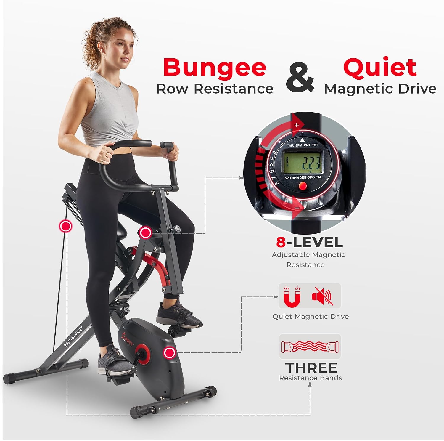 Sunny Health & Fitness Row-N-Ride PRO, Full Body Combo Squat Machine w/Optional Resistance Band, Easy Setup Ab Workout Exercise Equipment for Home, Whole Body Cardio, Optional SunnyFit App Connection