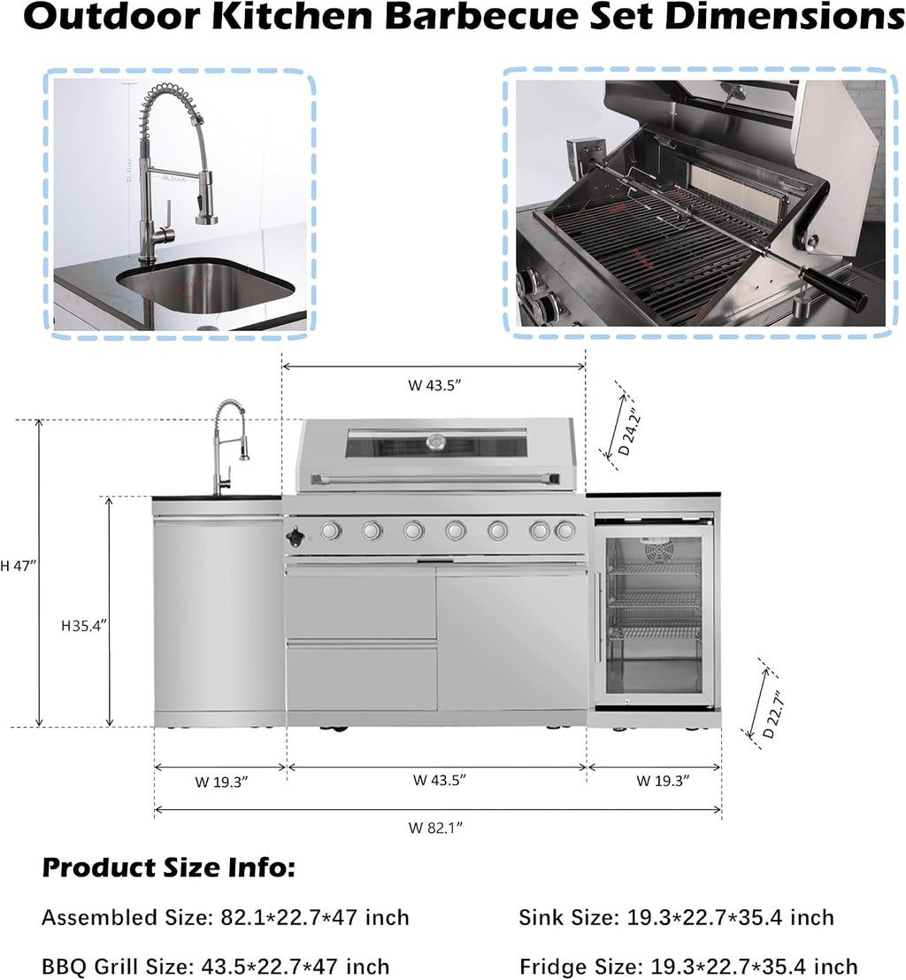 82-Inch 6-Burner Propane Gas Outdoor Grill Island, 85000 BTU Stainless Steel BBQ with Refrigerator, Granite Countertops, For Backyard BBQ, Silver