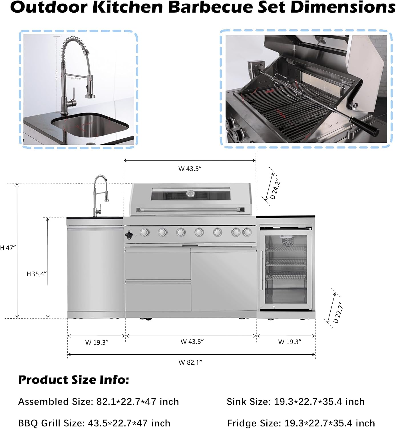 82-Inch 6-Burner Propane Gas Outdoor Grill Island, 85000 BTU Stainless Steel BBQ with Refrigerator, Granite Countertops, For Backyard BBQ, Silver