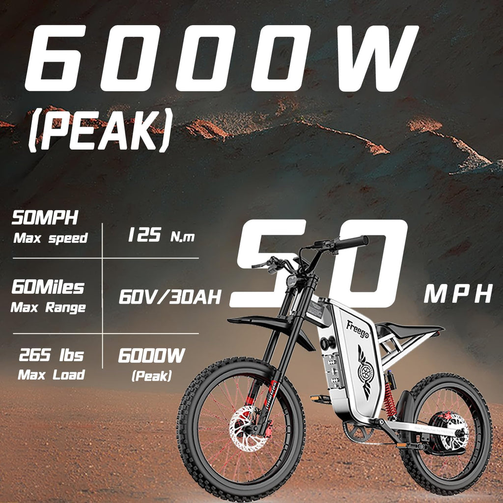 Freego Electric Motorcycle for Adults, X2Pro Electric Dirt Bike 6000W(Peak) Motor 60V/30Ah Battery,50MPH Off Road Electric Bicycle,19x2 Tire Full Suspension/Four-Piston Hydraulic Brake