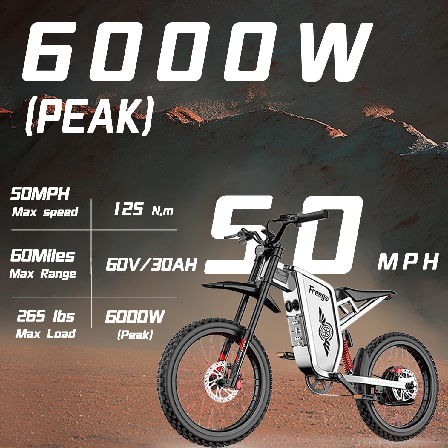 Freego Electric Motorcycle for Adults, X2Pro Electric Dirt Bike 6000W(Peak) Motor 60V/30Ah Battery,50MPH Off Road Electric Bicycle,19x2 Tire Full Suspension/Four-Piston Hydraulic Brake