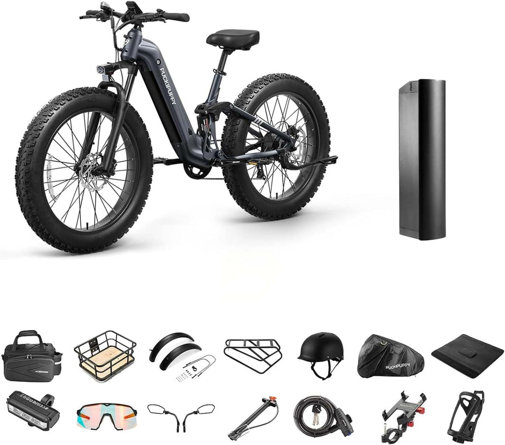 PUCKIPUPPY Electric Bike for Adults 960W, 48V 20AH Battery Adult Electric Bicycles, 26' Fat Tire Full Suspension Step-Thru Ebike, 28MPH Mountain Ebike, 7 Speed, 80Miles Range