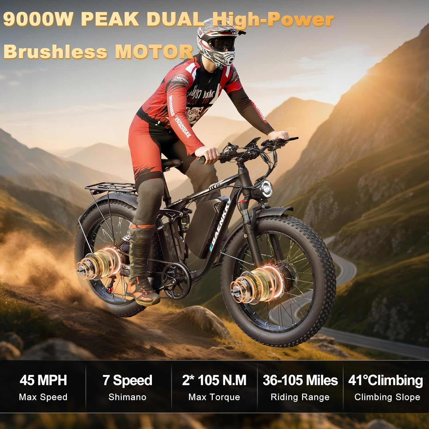 9000W Dual Motor Ebike,24' Fat Tire Electric Bike for Adults, 45MPH Fast 52V 34Ah Long Range, Dual Hydraulic Brakes Full Suspension, Snow/Mountain/Off-Road/Commute E-Bike
