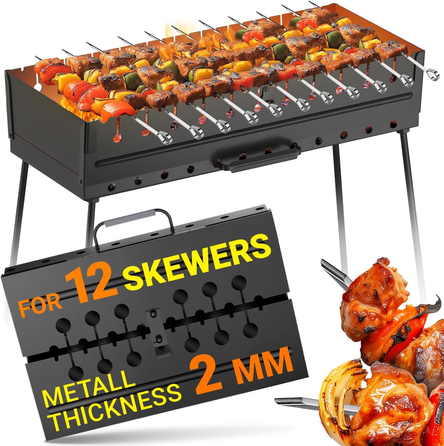 Charcoal Grill for 12 Skewers - Portable Barbecue Camp Grills Mangal Schaschlik - Foldable Metal Mangal - Kebab Shish BBQ for EDC Picnic Outdoor Cooking Camping Hiking (Skewers Not Included)