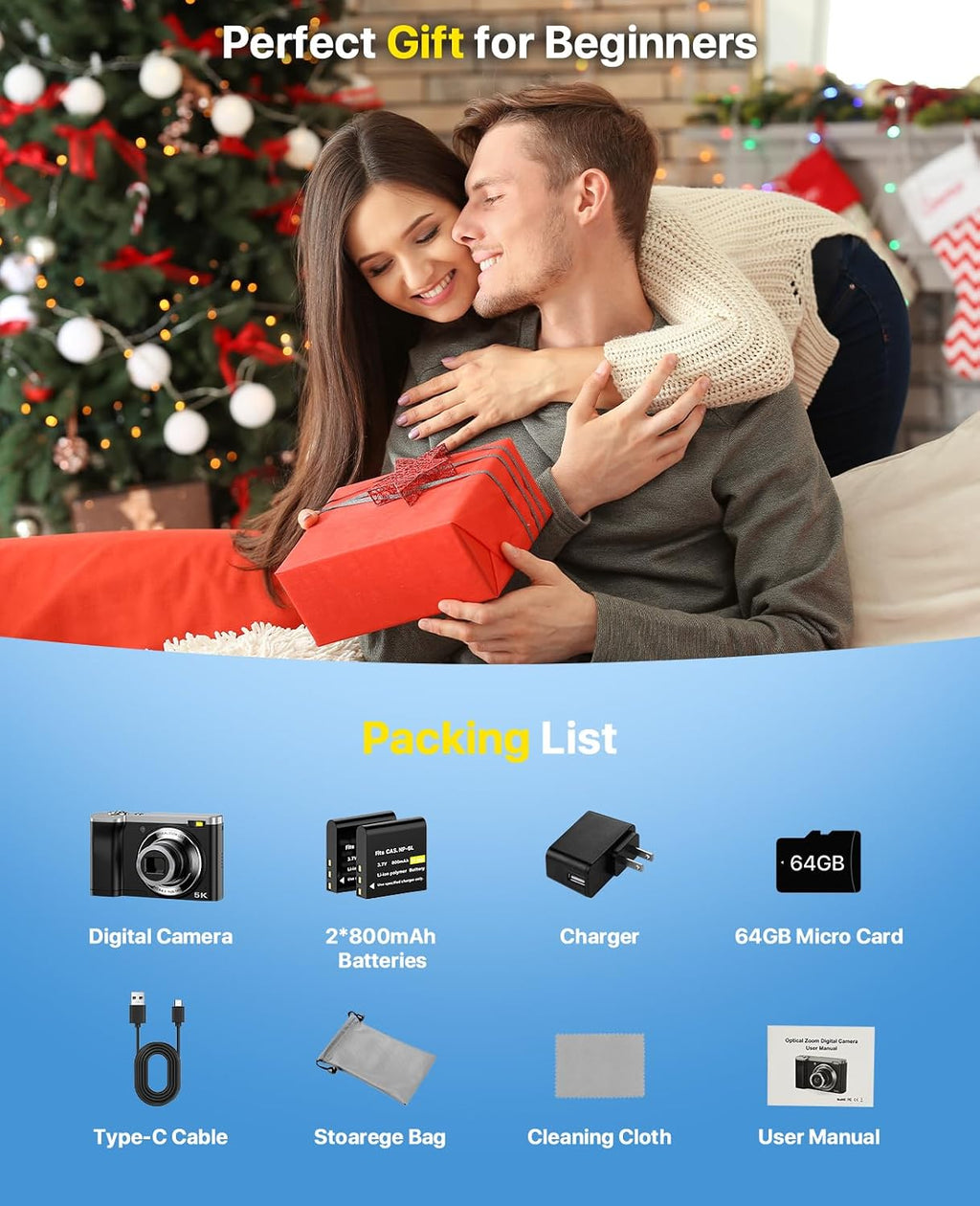 5K Digital Camera 10X Optical Zoom, 56MP Cameras for Photography with Front and Rear Dual Cameras, Vlogging Camera for Photography Travel Camera with 2.8' IPS Touchscreen, 64G Micro Card & 2 Batteries