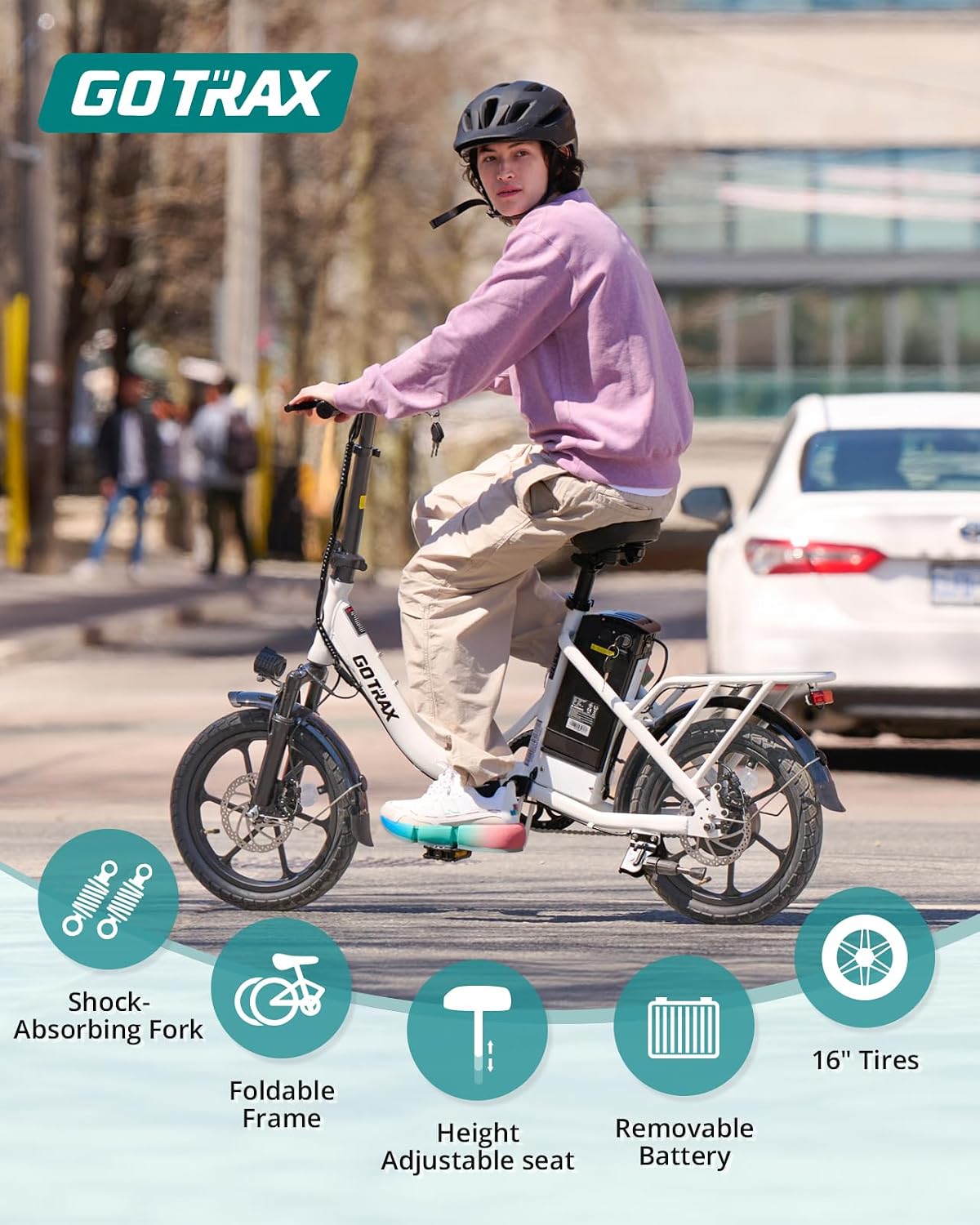 Gotrax 16' Folding Electric Bike, Max 28Miles Range(Pedal-Assist) & Speed 15.5Mph Power by Peak 500W, E-Bike with Removable Battery, Suspension & Adjustable Size, Commuter Bicycle for Adults/Teens