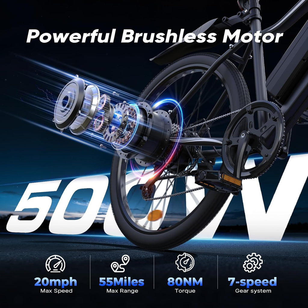Electric Bike - Electric Bike for Adults, 1500w/1000W/750W Peak Motor, Up to 55 Miles, 20MPH EBike, 26'' Tires Lightweight E Bike for Commuting Mountain Road Sand