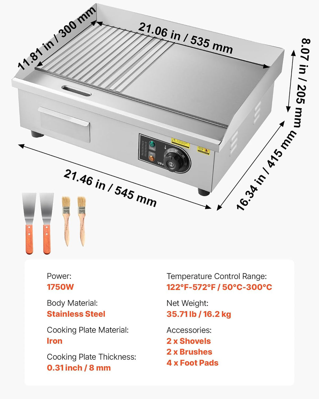 VEVOR Commercial Electric Griddle, 21.06 x 11.81 inch, 1750W, 122-570°F Adjustable Temp Control, Stainless Steel Body, Half Grooved Half Flat, with 2 Spatulas, 2 Brushes, and 4 Foot Pads, for Steak