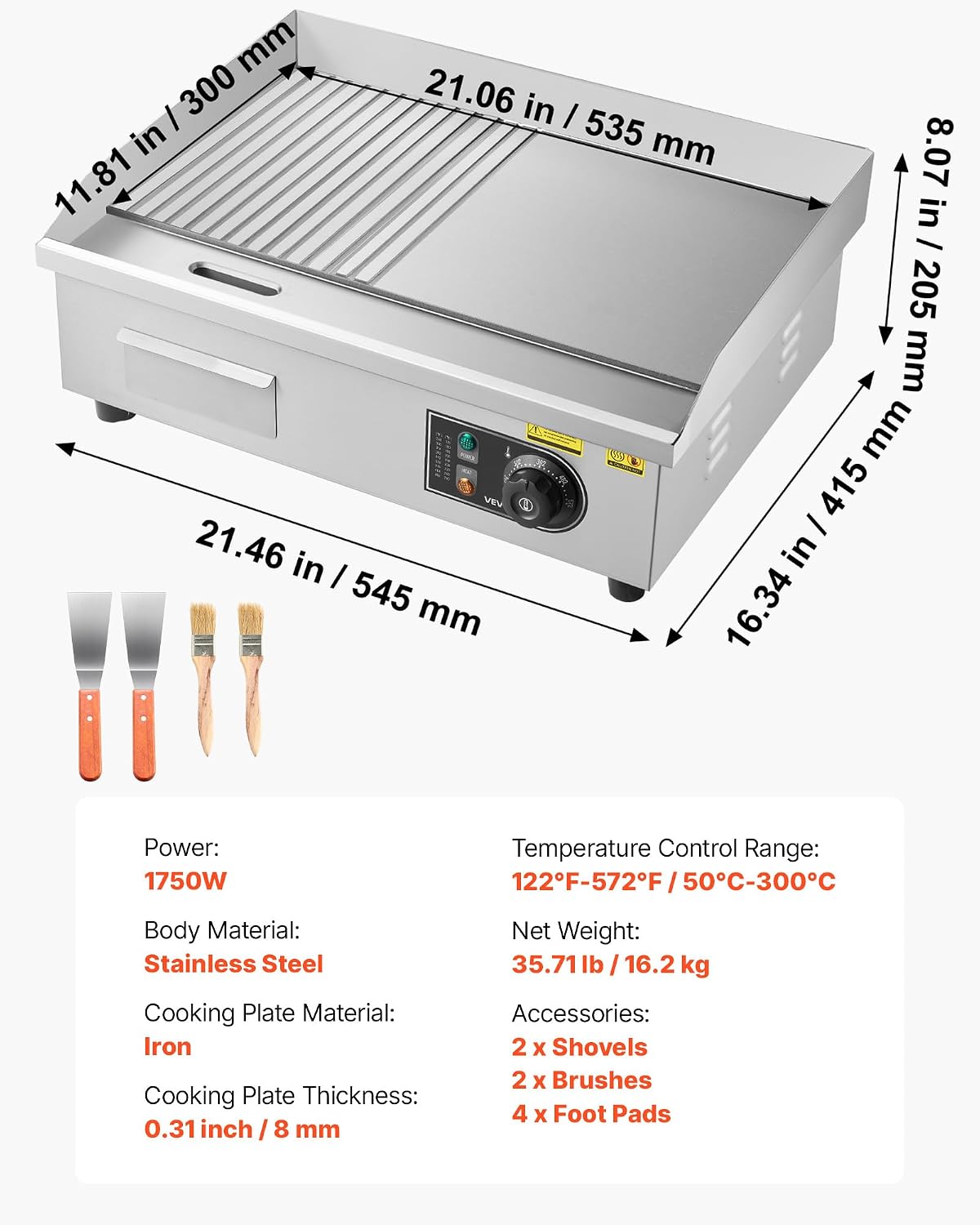 VEVOR Commercial Electric Griddle, 21.06 x 11.81 inch, 1750W, 122-570°F Adjustable Temp Control, Stainless Steel Body, Half Grooved Half Flat, with 2 Spatulas, 2 Brushes, and 4 Foot Pads, for Steak