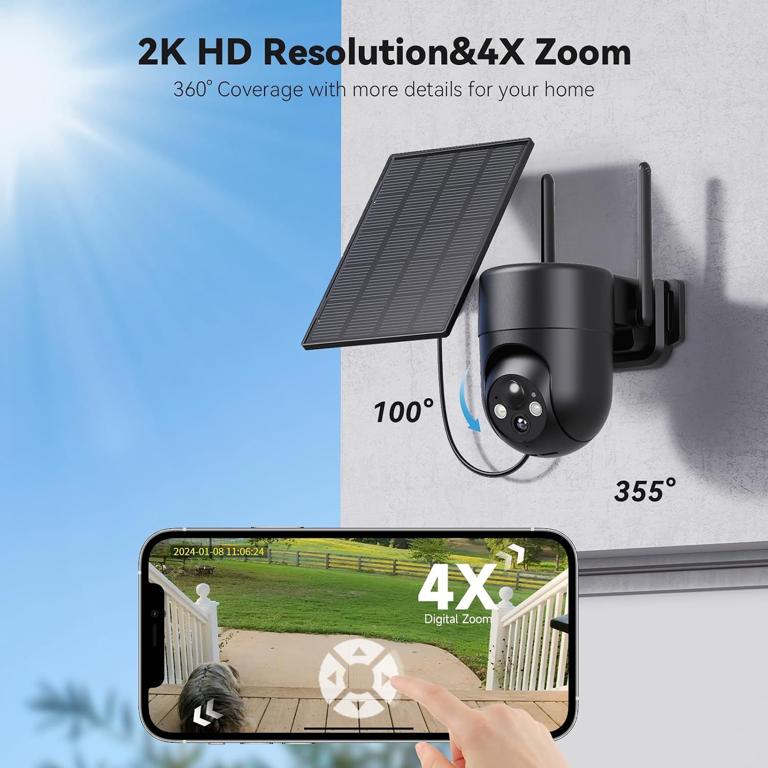 ELYSOO Solar Security Camera Wireless Outdoor, 2K Color Night Vision, 360°View Outdoor Camera Wireless, Instant Alerts, Remote, 2.4GHz Wi-Fi, 4pack