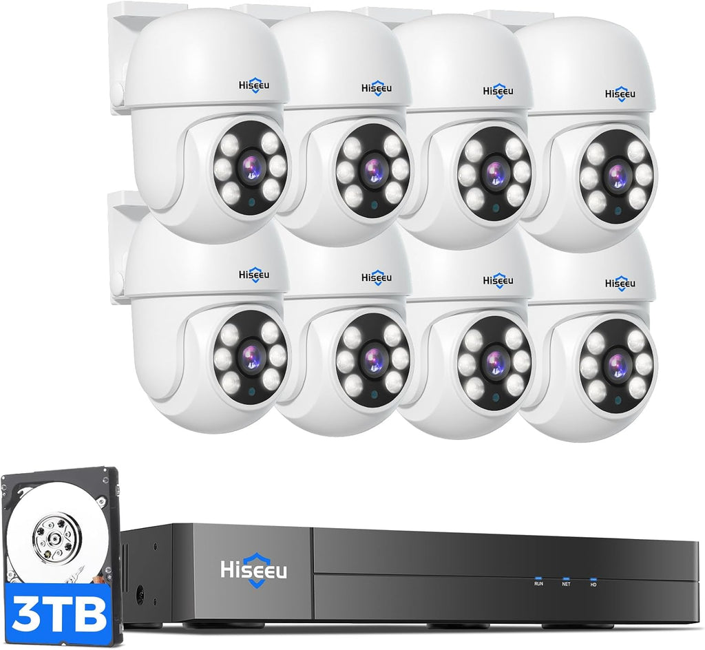 Hiseeu 3K Outdoor Wired Security Camera System with 8CH 5MP DVR,8 x 5MP PTZ CCTV Cameras,360°Coverage,Smart Dual Light & Audio,Person/Vehicle Detection,3TB HDD,100ft Night Vision,24/7 Recording