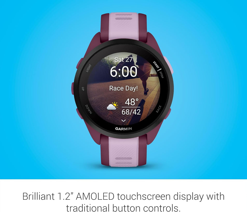 Garmin Forerunner 165 Music, Running Smartwatch, Colorful AMOLED Display, Training Metrics and Recovery Insights, Music on Your Wrist, Berry