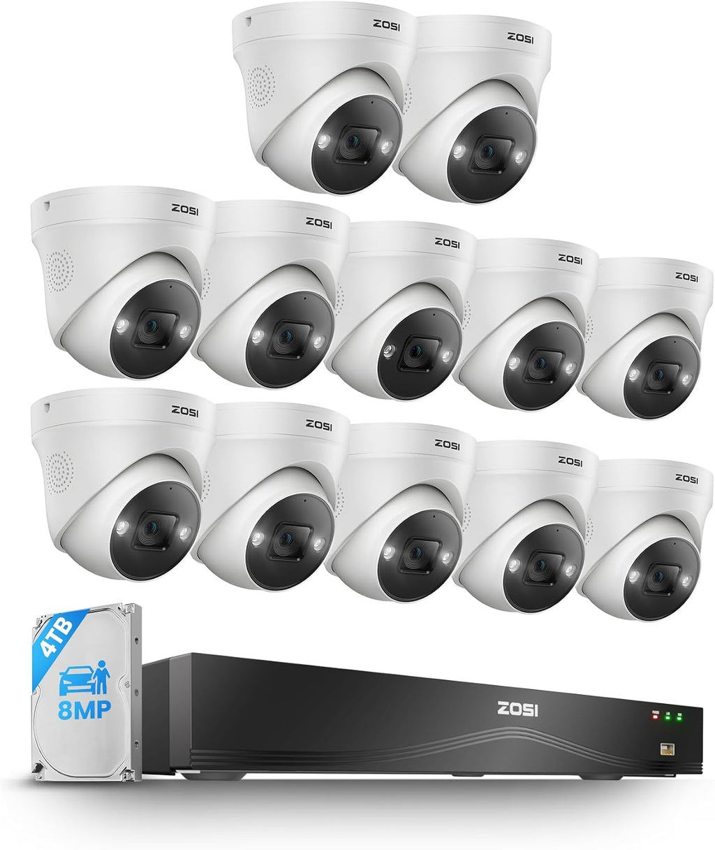 ZOSI 32CH 4K PoE Security Camera System with Person/Vehicle Detection,12x 8MP Indoor Outdoor Dome Cameras,2 Way Audio,Color Night Vision,16Port 32Channel NVR with 4TB HDD for 24/7 Business Recording