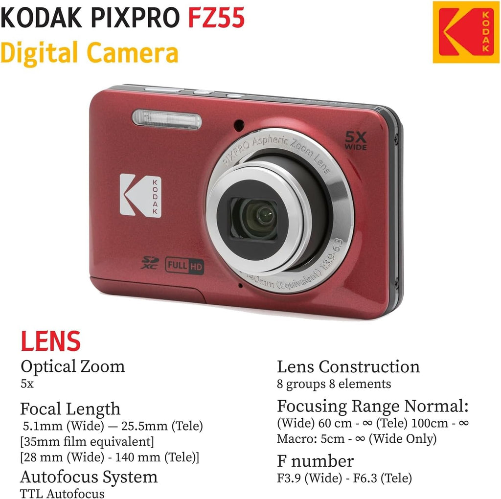 KODAK PIXPRO FZ55 16MP Digital Point & Shoot Camera, 5X Optical Zoom, 28mm Wide Angle, 1080P Full HD Video, Bundle with 32GB SD Card, Protective Case, and Hi-Speed Card Reader (Red)