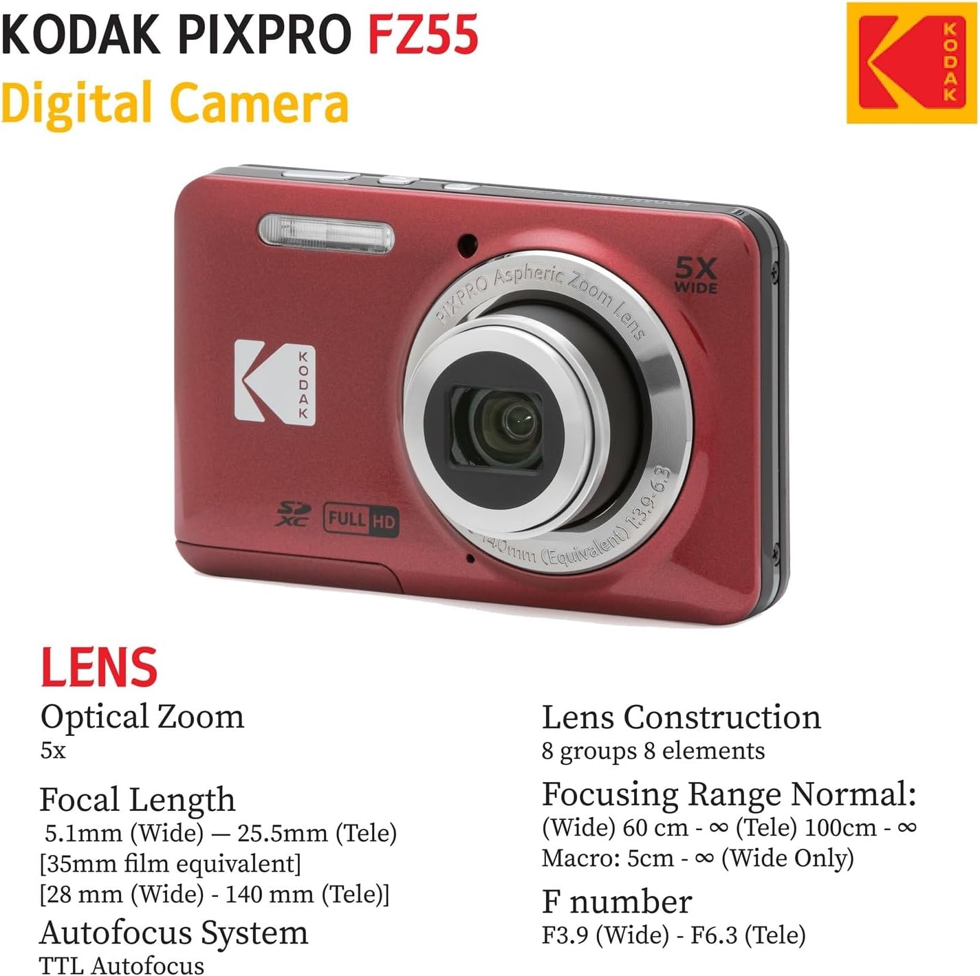 KODAK PIXPRO FZ55 16MP Digital Point & Shoot Camera, 5X Optical Zoom, 28mm Wide Angle, 1080P Full HD Video, Bundle with 32GB SD Card, Protective Case, and Hi-Speed Card Reader (Red)