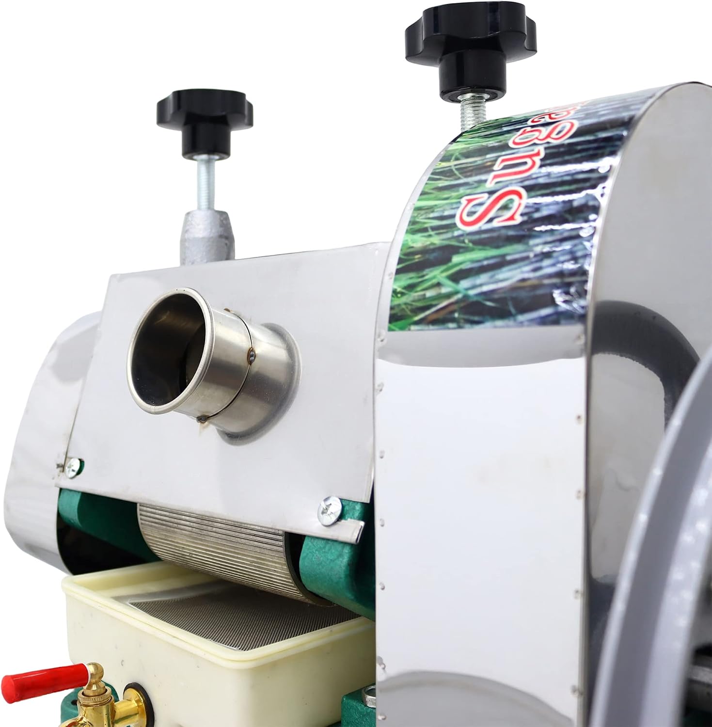Manual Sugar Cane Press Juicer Machine, 3 Rolls Stainless Steel Sugarcane Crusher Grinder, W/2 Peeling Knives and Wooden Handle, for Sugarcane Ginger Sweet Sorghum